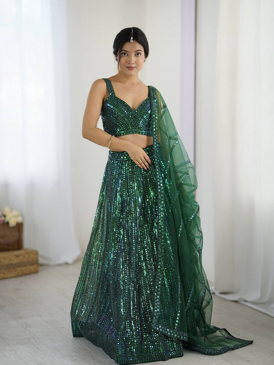 Green Net Sequin Lehenga Choli with Net Dupatta