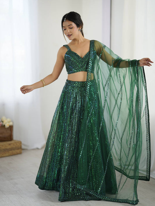 Green Net Sequin Lehenga Choli with Net Dupatta