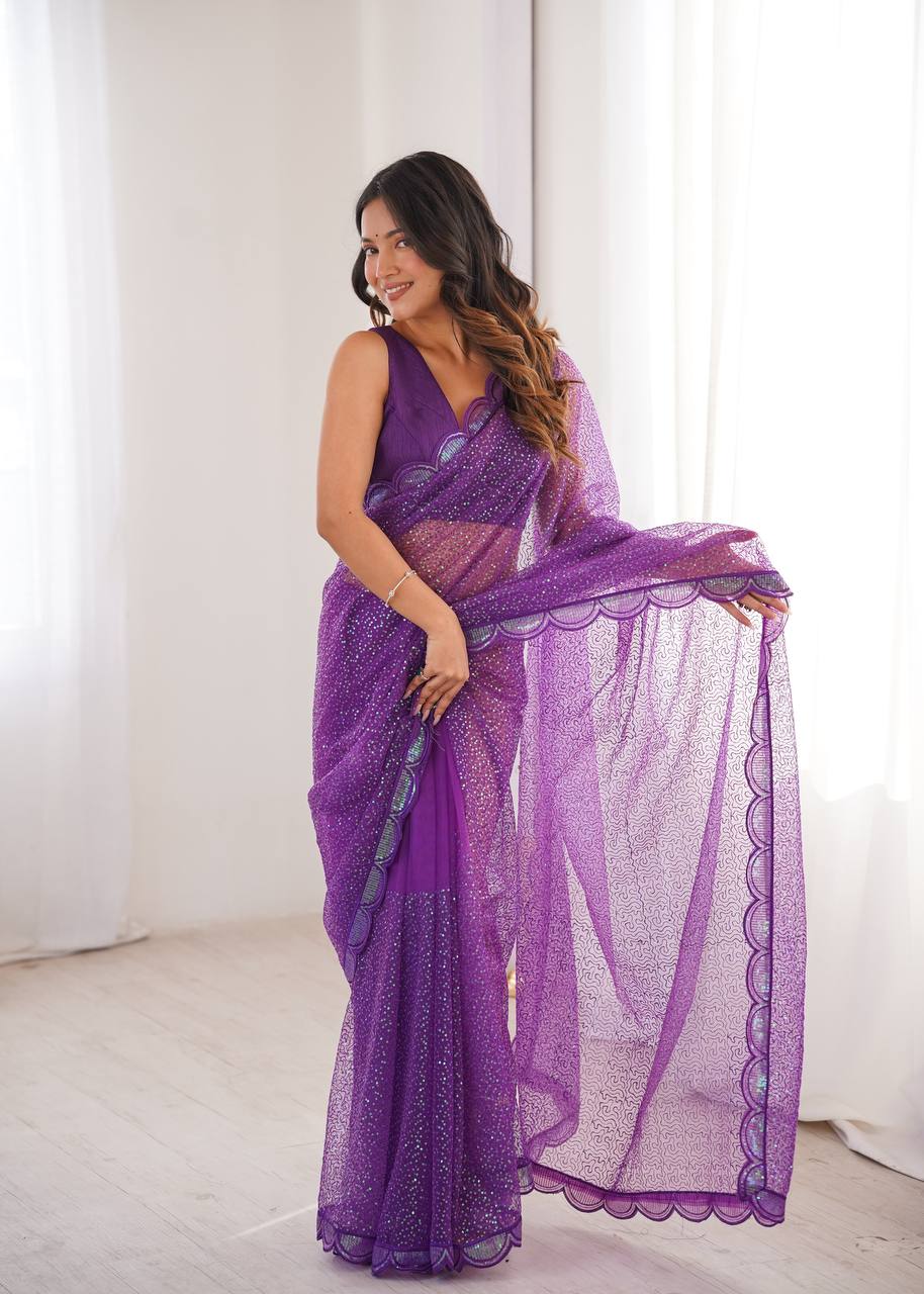 Champagne Beige Shimmer Saree with Scalloped Embroidered Border & Matching Blouse
