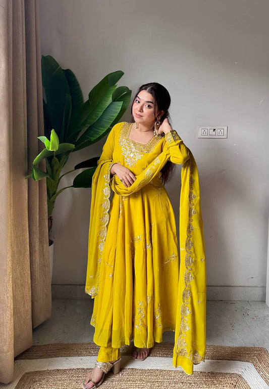 Mustard Yellow Georgette Embroidered Anarkali Kurti Pant Set with Dupatta