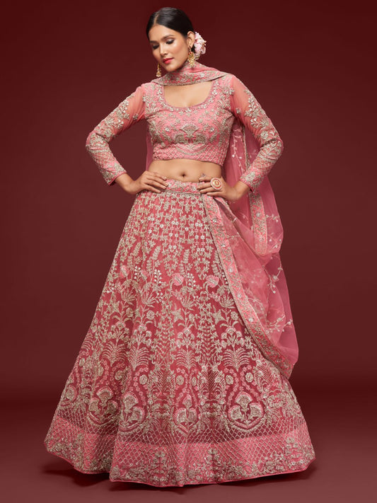 Rose Pink Heavy zari Embroidered Lehenga Choli with Net Dupatta