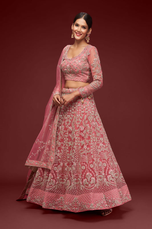 Rose Pink Heavy zari Embroidered Lehenga Choli with Net Dupatta