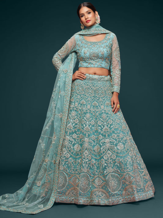 Teal blue Heavy zari Embroidered Lehenga Choli with Net Dupatta for wedding