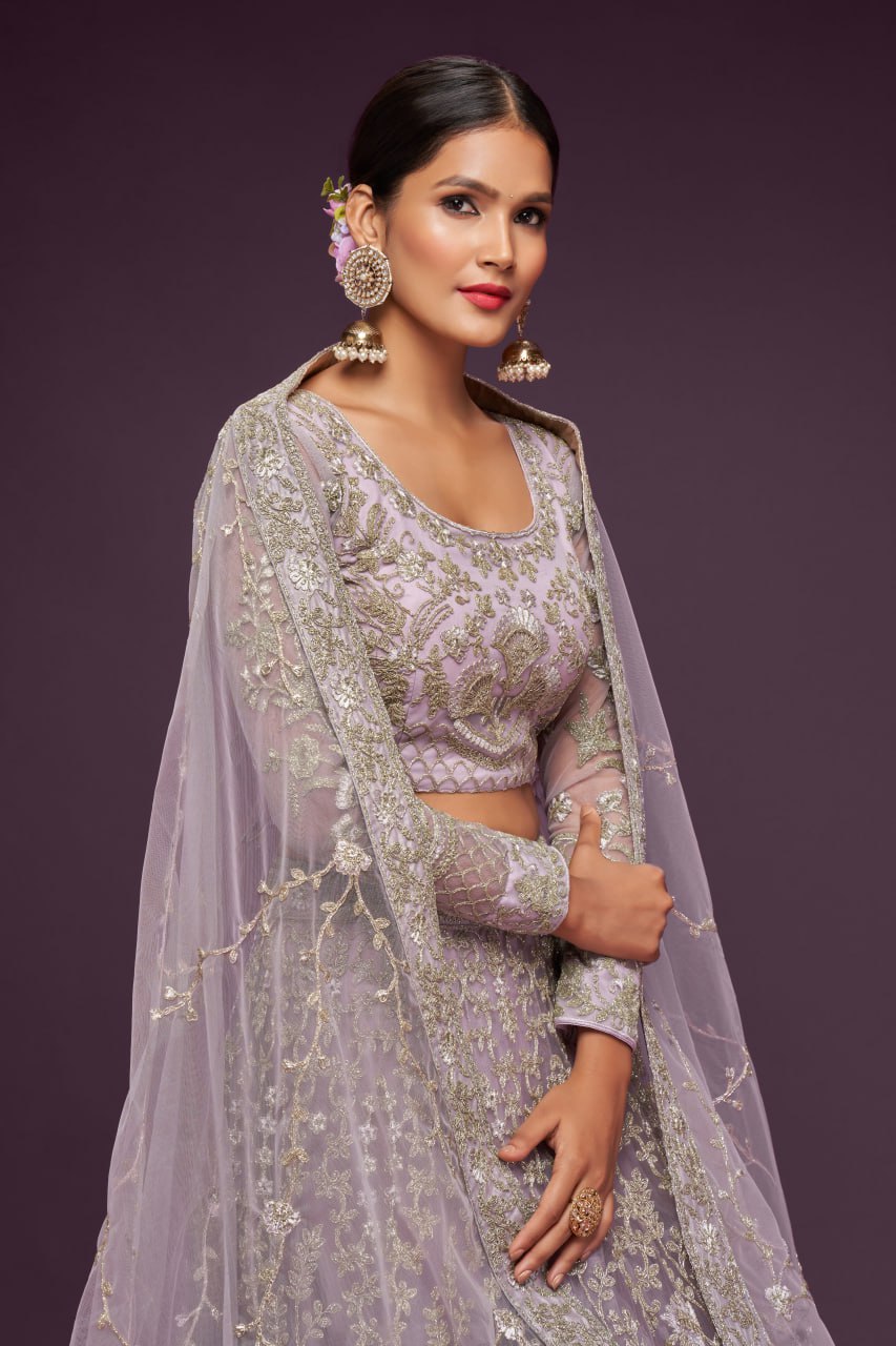 Lavender Heavy zari Embroidered Lehenga Choli with Net Dupatta for wedding