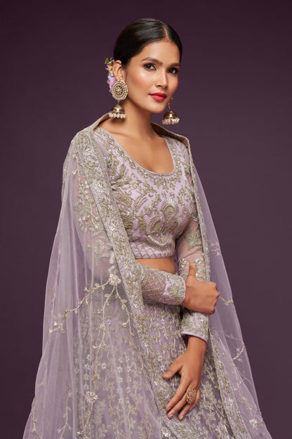 Lavender Heavy zari Embroidered Lehenga Choli with Net Dupatta for wedding