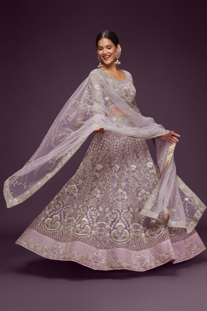 Lavender Heavy zari Embroidered Lehenga Choli with Net Dupatta for wedding
