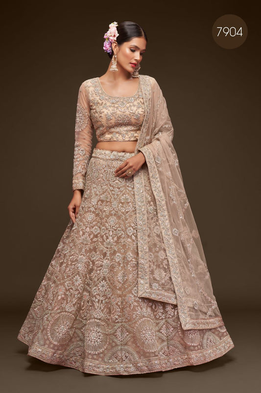 Nude Beige Heavy zari Embroidered Lehenga Choli with Net Dupatta for wedding