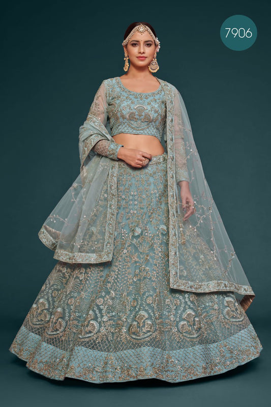 Sea Green Heavy zari Embroidered Lehenga Choli with Net Dupatta