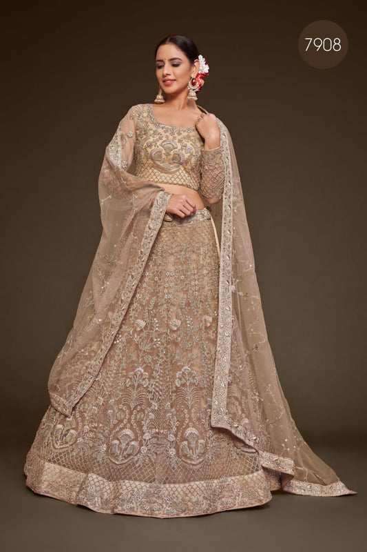Champagne Gold Heavy zari Embroidered Lehenga Choli with Net Dupatta