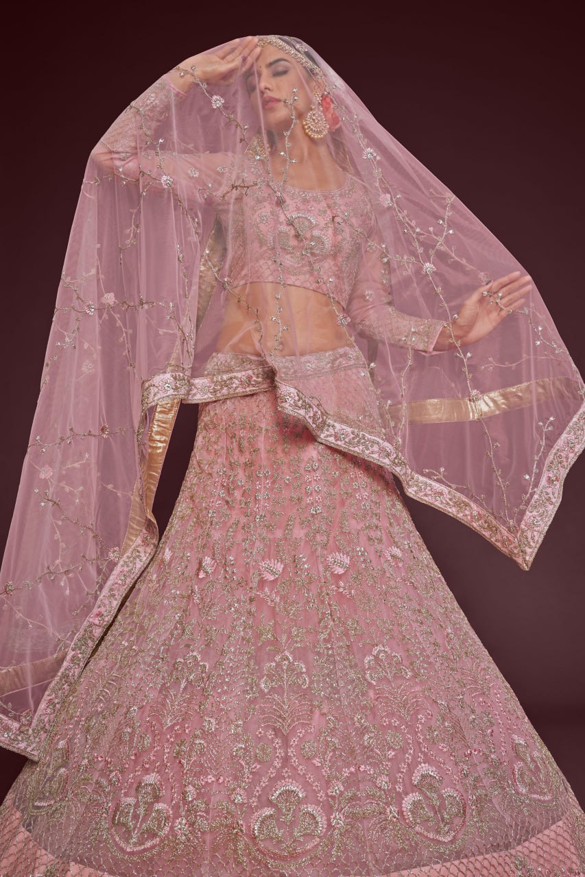 Pastel Pink Heavy zari Embroidered Lehenga Choli with Net Dupatta