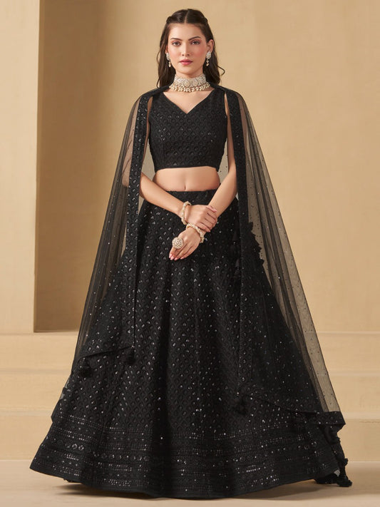Black Sequins Work Georgette Lehenga Choli Set with Net Dupatta for wediing