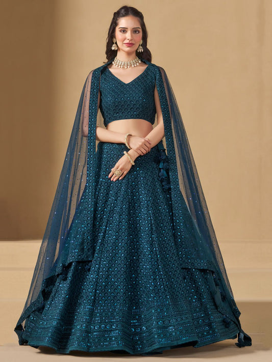 Dark Teal Blue Embroidered Lehenga Choli with Net Dupatta