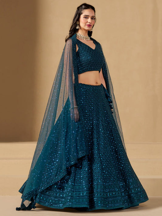 Dark Teal Blue Embroidered Lehenga Choli with Net Dupatta
