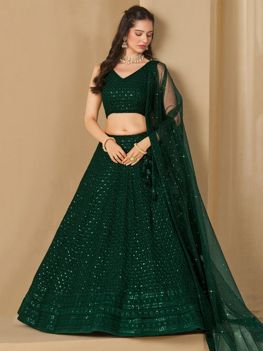 Emerald Green Sequins Work Georgette Lehenga Choli Set with Net Dupatta