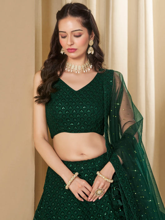 Emerald Green Sequins Work Georgette Lehenga Choli Set with Net Dupatta