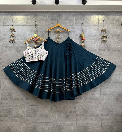 Designer Teal Blue Lehenga Choli with Mirror Work Blouse for Navratri