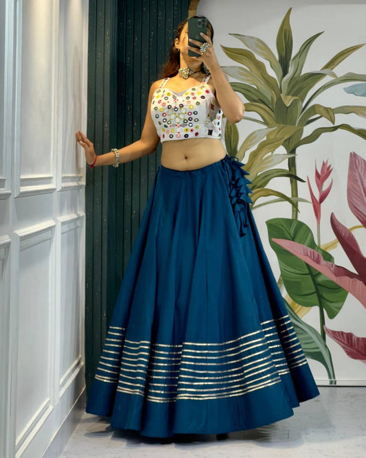 Designer Teal Blue Lehenga Choli with Mirror Work Blouse for Navratri