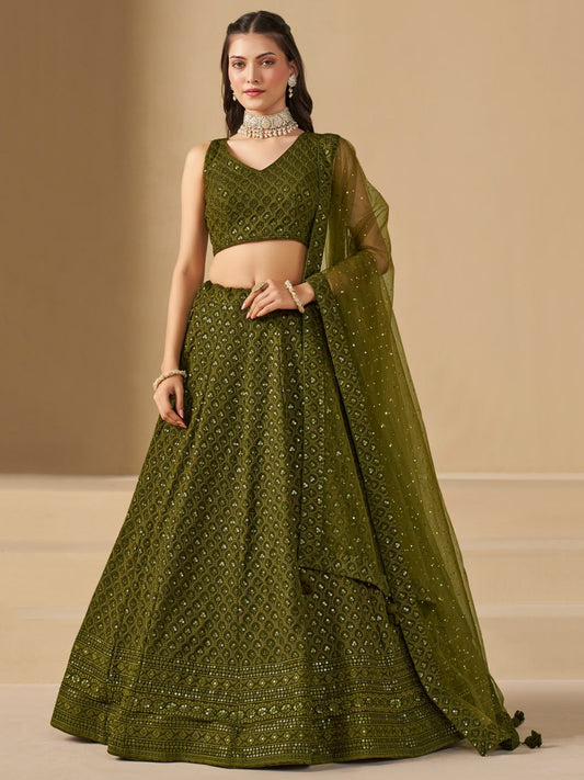 Olive Green Sequins Work Georgette Lehenga Choli with Dupatta for wedding