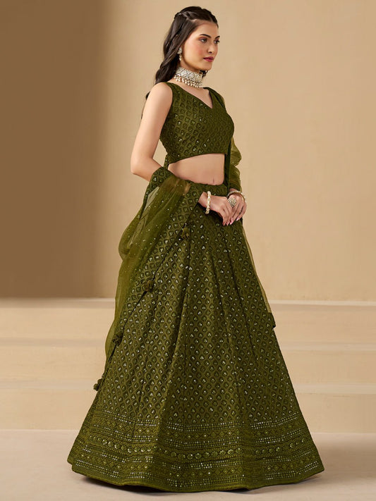 Olive Green Sequins Work Georgette Lehenga Choli with Dupatta for wedding