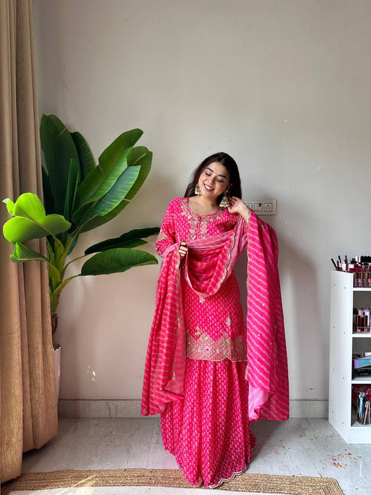 Hot Pink Printed Chinnon Sharara Suit with Embroidered Kurta and Dupatta