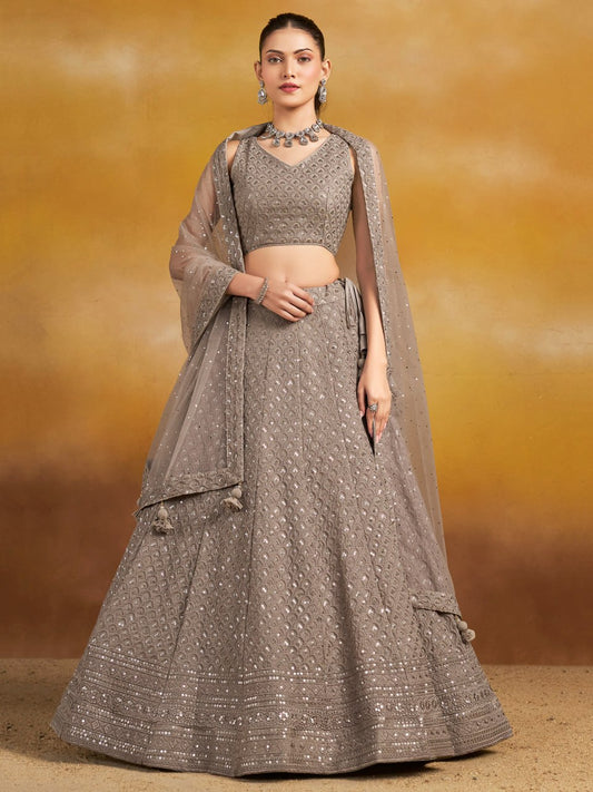 Taupe Grey Sequins Work Georgette Lehenga Choli with Dupatta