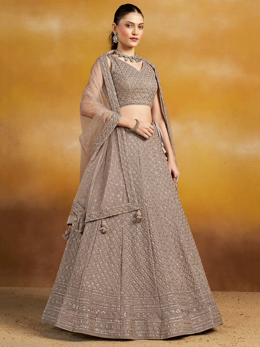 Taupe Grey Sequins Work Georgette Lehenga Choli with Dupatta