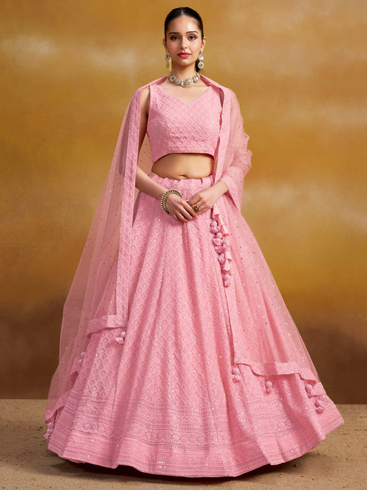 Baby Pink Sequins Work Georgette Lehenga Choli with Dupatta