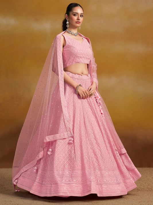 Baby Pink Sequins Work Georgette Lehenga Choli with Dupatta