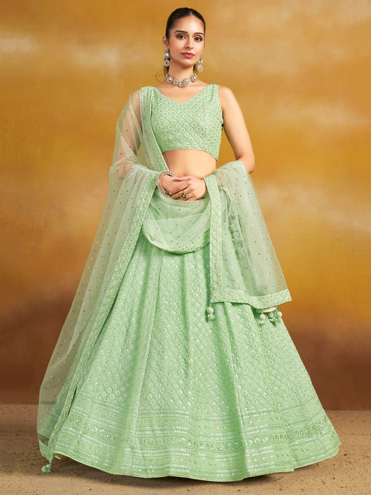 Light Green Sequins Work Georgette Lehenga Choli with Dupatta