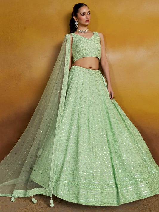 Light Green Sequins Work Georgette Lehenga Choli with Dupatta