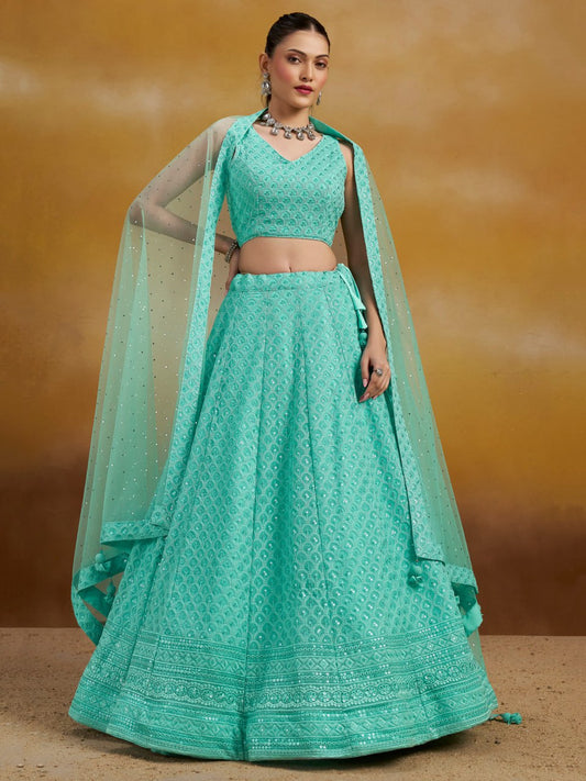Aqua Blue Sequins Work Georgette Lehenga Choli with Dupatta