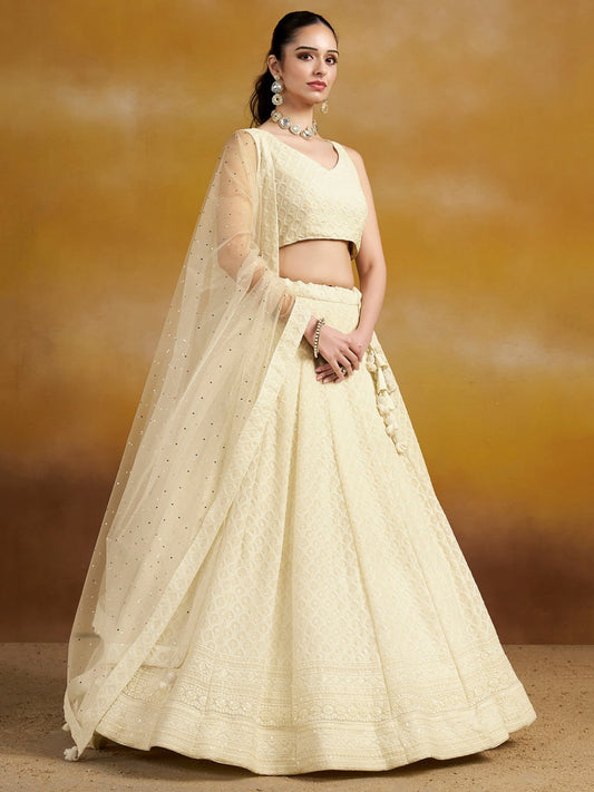 Elegant Off-White Embroidered Lehenga Choli Set with Net Dupatta