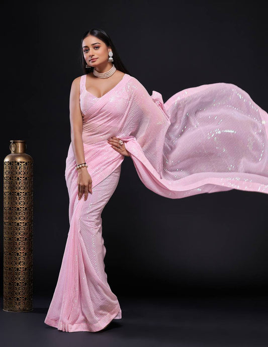 Light Pink Sequin Georgette Saree for Party & Wedding