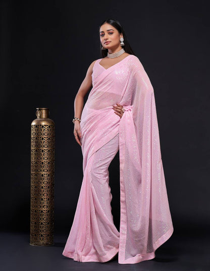 Light Pink Sequin Georgette Saree for Party & Wedding