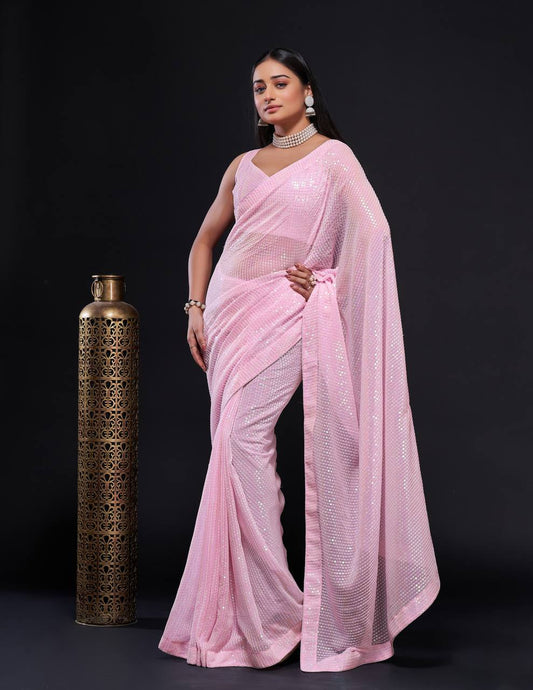 Light Pink Sequin Georgette Saree for Party & Wedding
