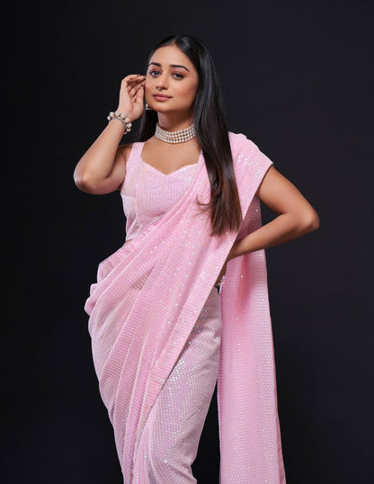 Light Pink Sequin Georgette Saree for Party & Wedding