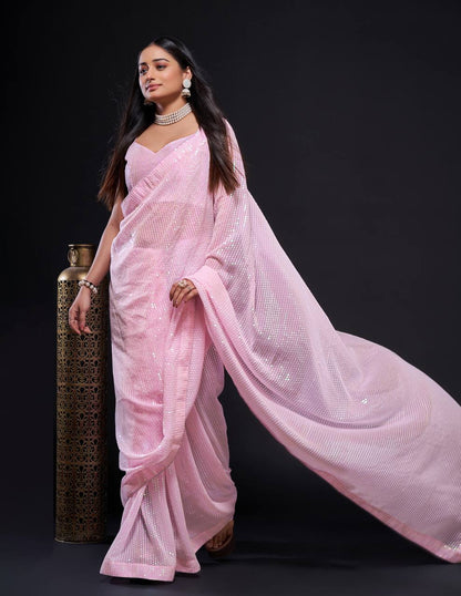 Light Pink Sequin Georgette Saree for Party & Wedding