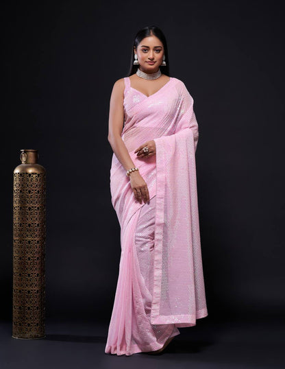 Light Pink Sequin Georgette Saree for Party & Wedding