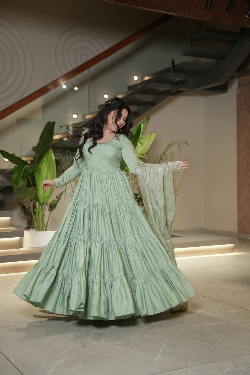 Sage green Anarkali dress with matching Banarasi dupatta