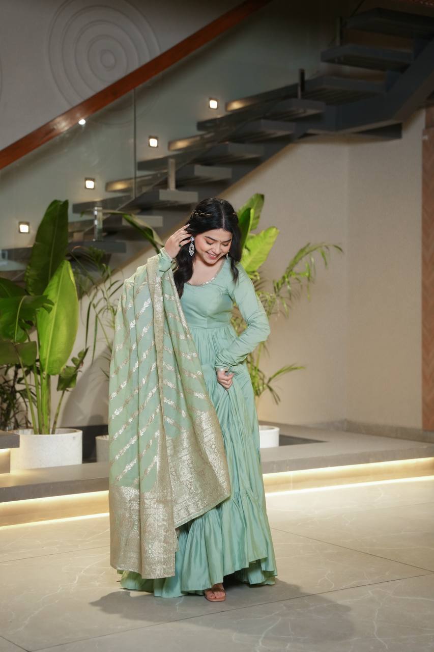 Sage green Anarkali dress with matching Banarasi dupatta