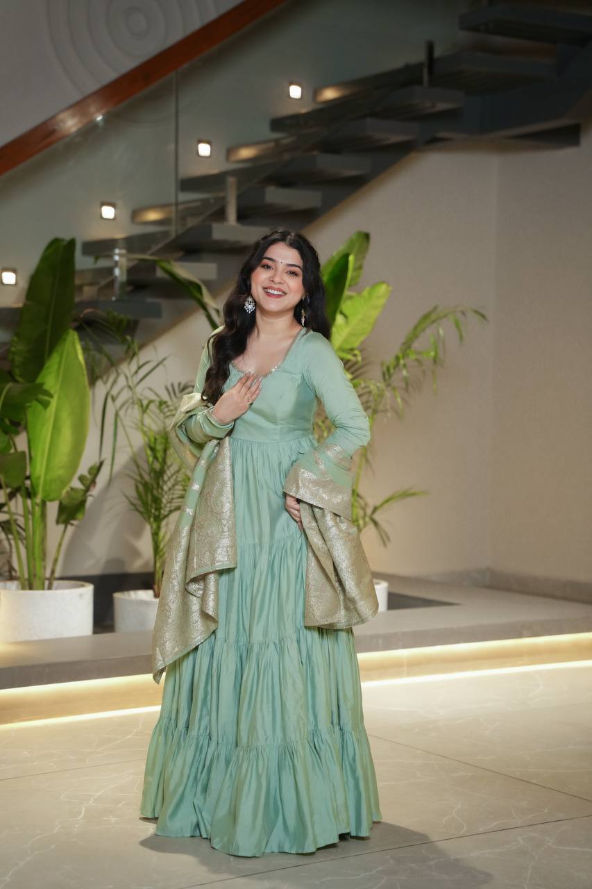 Sage green Anarkali dress with matching Banarasi dupatta