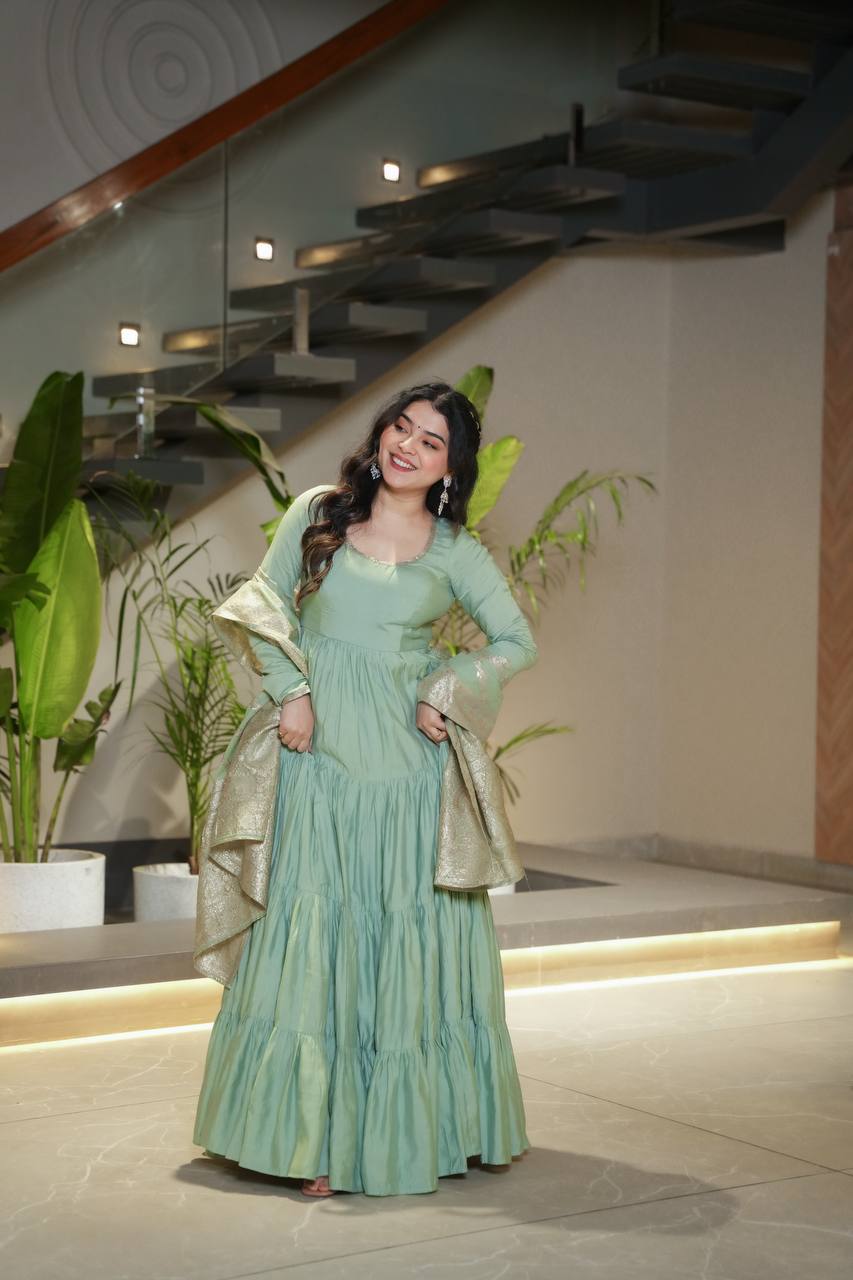 Sage green Anarkali dress with matching Banarasi dupatta