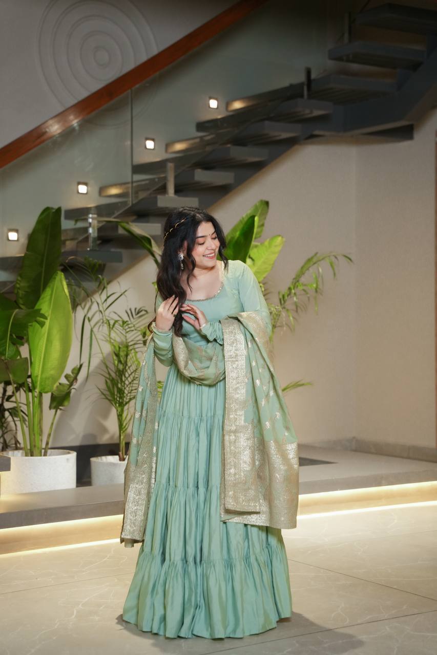 Sage green Anarkali dress with matching Banarasi dupatta