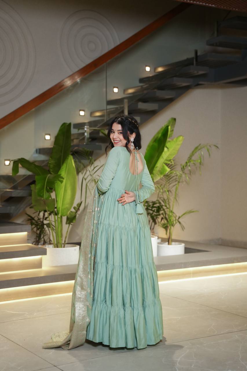 Sage green Anarkali dress with matching Banarasi dupatta