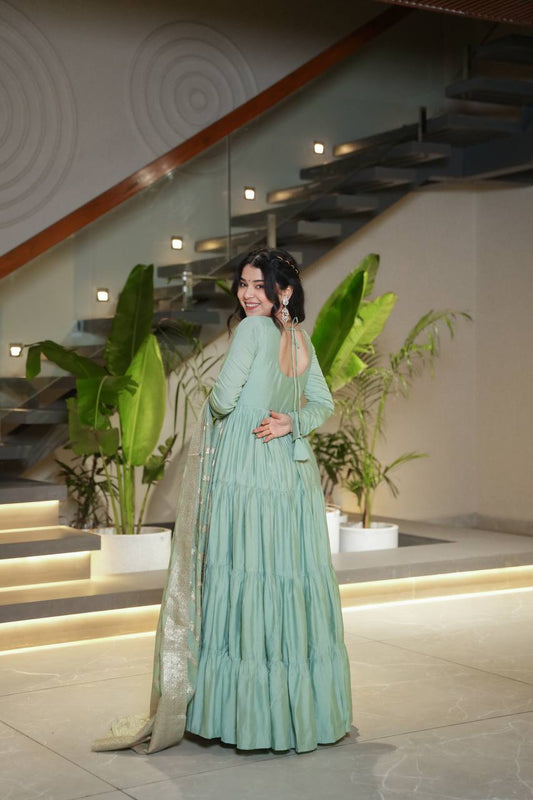 Sage green Anarkali dress with matching Banarasi dupatta