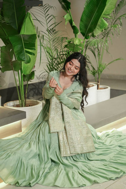 Sage green Anarkali dress with matching Banarasi dupatta