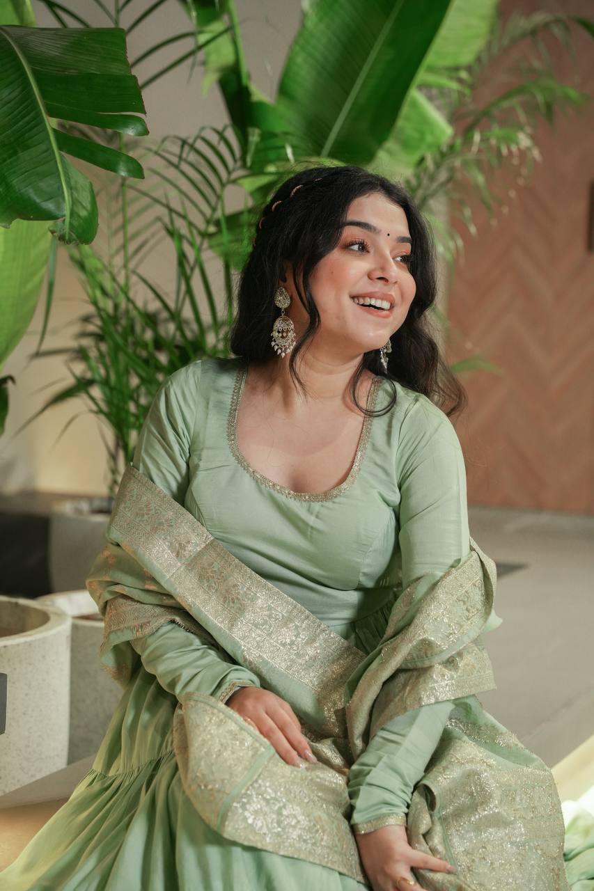 Sage green Anarkali dress with matching Banarasi dupatta
