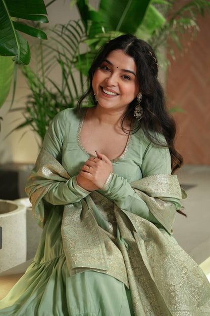 Sage green Anarkali dress with matching Banarasi dupatta