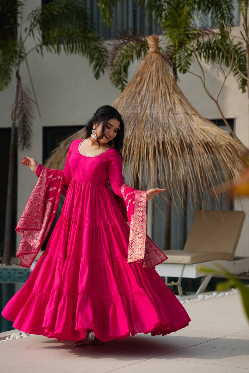 Hot pink Anarkali dress with brocade Banarasi dupatta M