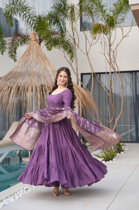 Mauve purple Anarkali dress with Banarasi dupatta